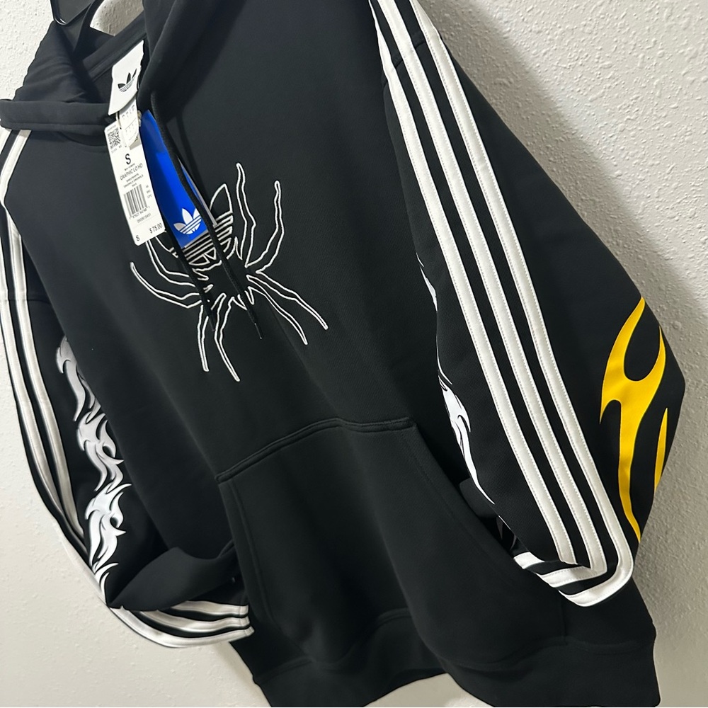 Adidas Black Hoodie with Spider and Flame Graphics, Size Men’s Small